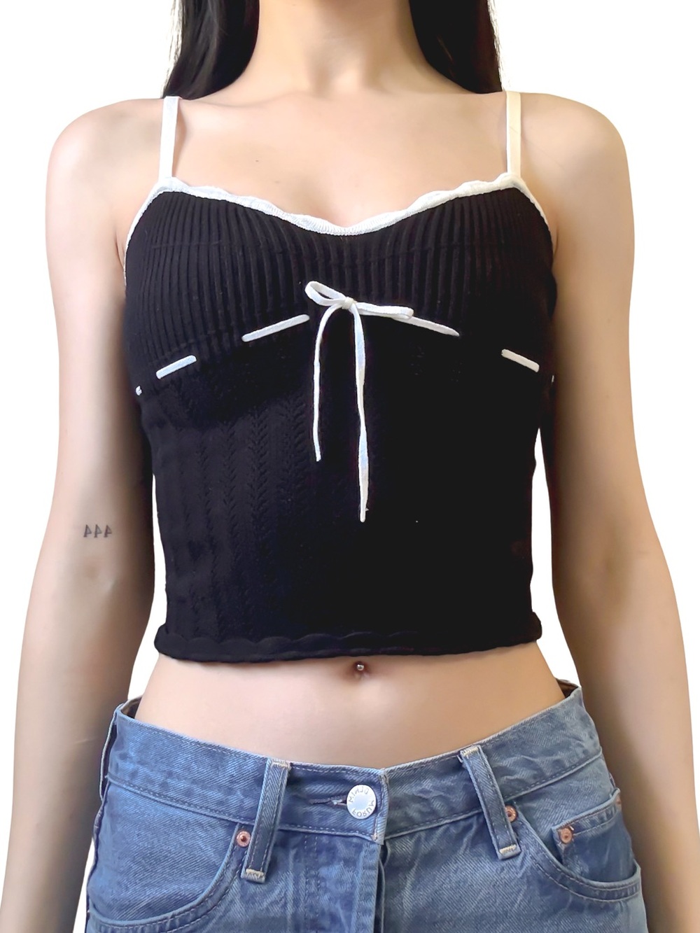 WILFRED Knit Cami Cropped with White Trim and Bow in Black Size XS GUC